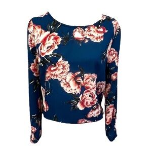 Charlotte Russe Floral Blue Sheer Long Sleeve Tie Back Top - Size Large